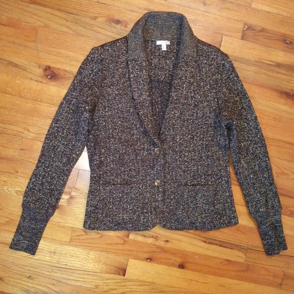 Cache Cardigan sweater brown gold sparkle cable knit Sz L long sleeve collared